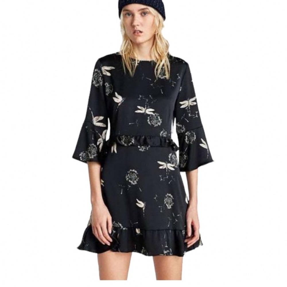 Zara Black Dragonfly Floral Print Ruffle Mini Dress Boho Bell Sleeve Shift Dress
